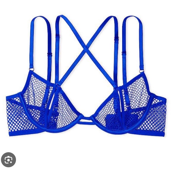 VICTORIAS SECRET VERY SEXY STRAPPY FISHNET OPEN CUP LOW CUT DEMI BRA blue oar - Picture 2 of 8